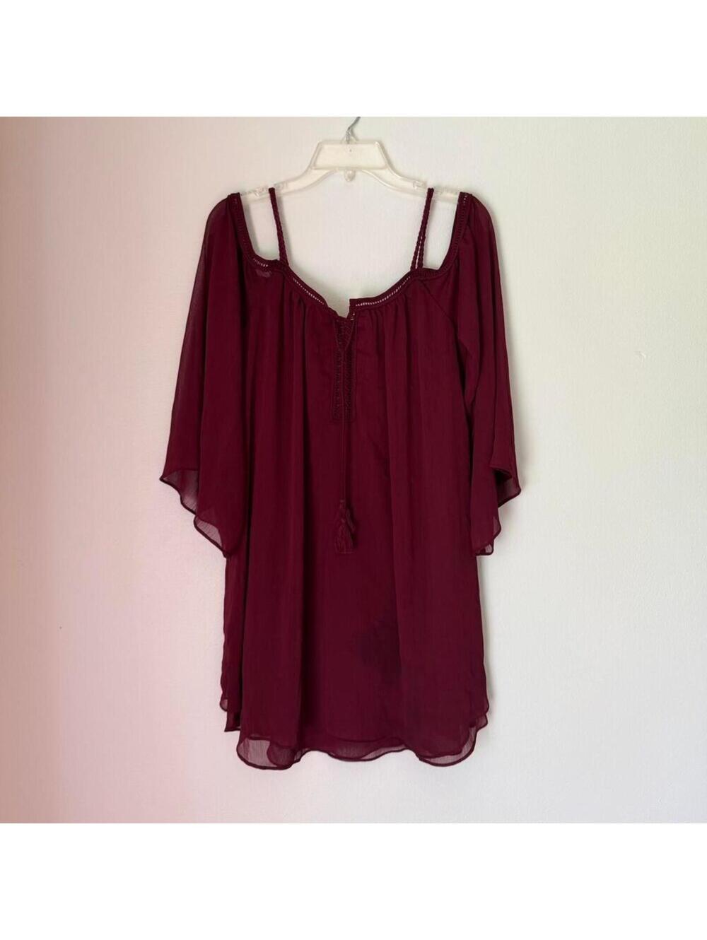 Burgundy sheer blouse/dress tassel details tie front SMALL top